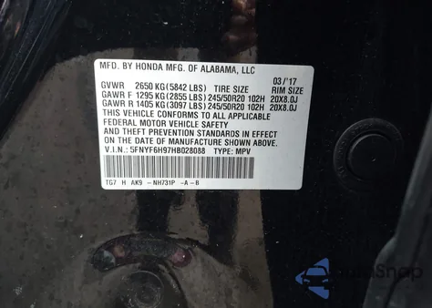 2017 Honda Pilot Touring from USA, damaged, VIN 5FNYF6H97HB028088